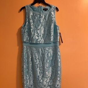 “Make Offer”-Tahari -Embroidered Floral Mesh Wave Aqua Green Dress